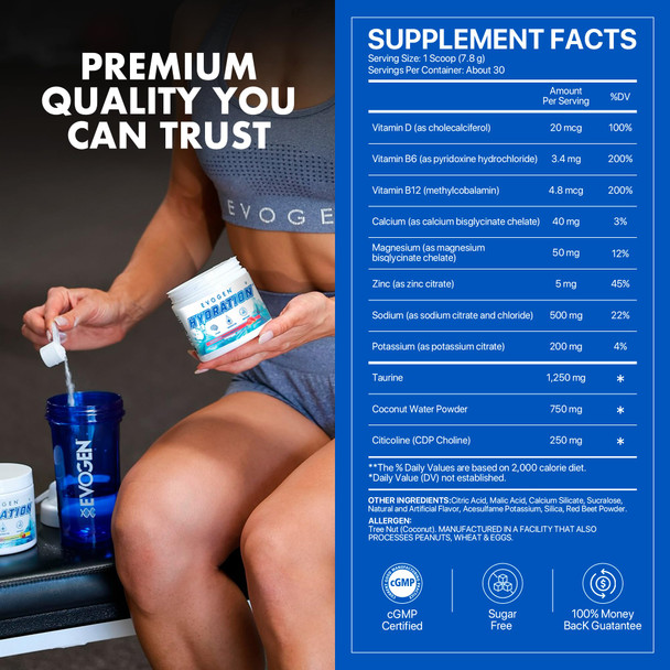 Evogen Hydration - Electrolytes Powder | Sugar-Free Electrolyte Powder Supplement for Hydration Energy and Recovery | Coconut Water B Vitamins Potassium | Watermelon | 30 Servings
