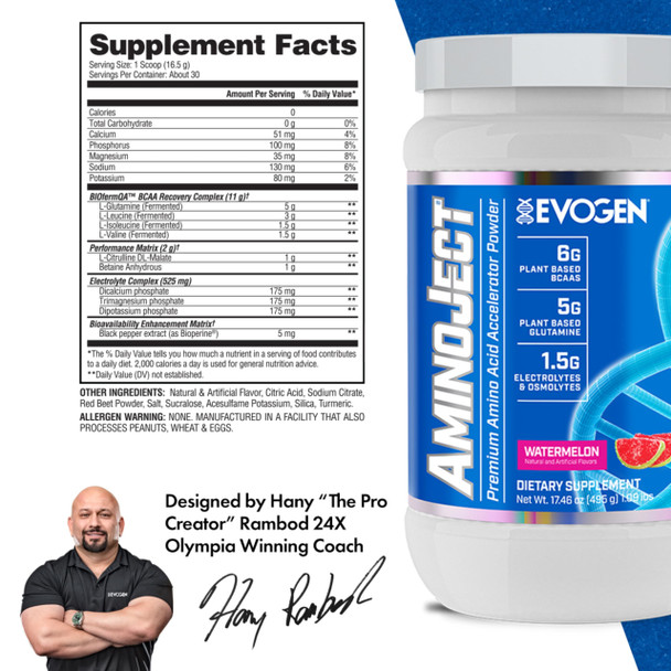 Evogen AminoJect - Premium BCAA Powder & EAA Recovery Formula with Electrolytes | Amino Acids Supplement for Muscle Growth Hydration & Recovery | Watermelon | 30 Servings