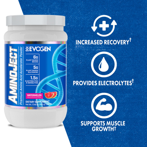 Evogen AminoJect - Premium BCAA Powder & EAA Recovery Formula with Electrolytes | Amino Acids Supplement for Muscle Growth Hydration & Recovery | Watermelon | 30 Servings