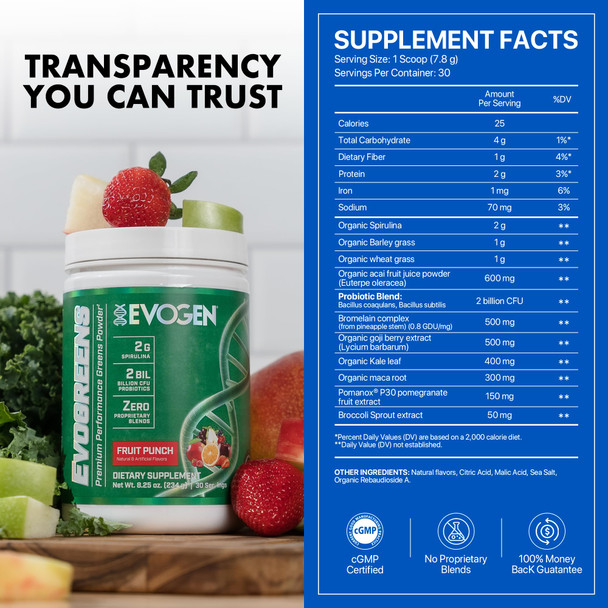 Evogen Evogreens - Super Greens Powder | Promotes Recovery Wellness & Immune Health | Greens Superfood Powder with Spirulina Probiotics Pomanox Pomegranate Extract | Fruit Punch | 30 Servings