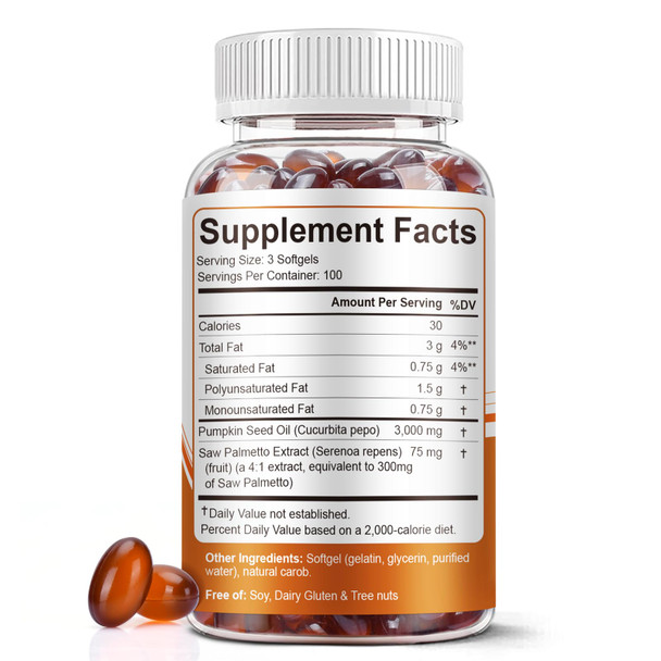 BEWORD Pumpkin Seed Oil with Saw Palmetto Capsules, 3000mg/serving, 300/600 Softgels | Cold Pressed, Pure Virgin Oil, Essential Fatty Acids & Phytosterols | Supports Hair, Urinary, Bladder & Prostate Health