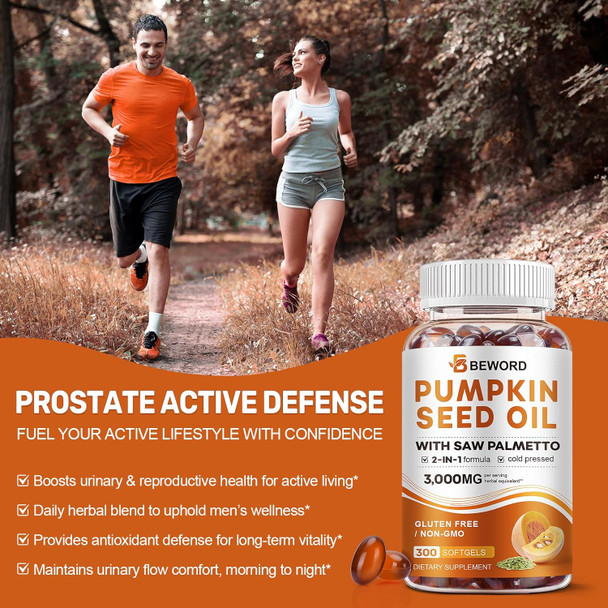 BEWORD Pumpkin Seed Oil with Saw Palmetto Capsules, 3000mg/serving, 300/600 Softgels | Cold Pressed, Pure Virgin Oil, Essential Fatty Acids & Phytosterols | Supports Hair, Urinary, Bladder & Prostate Health