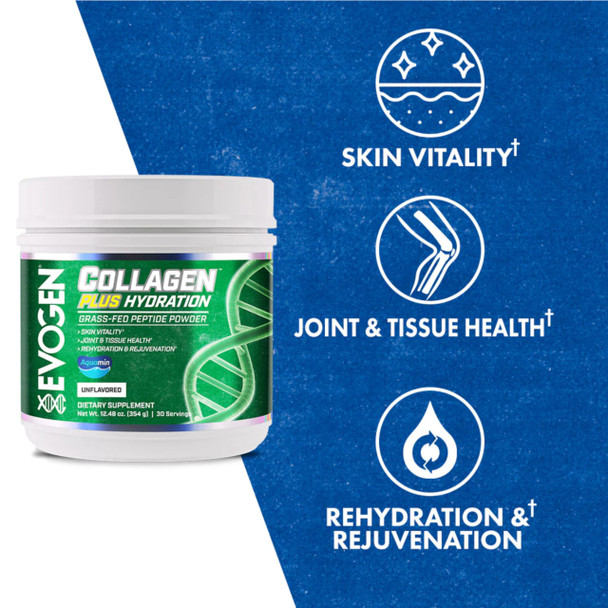 Evogen Collagen Plus Hydration - Grass-Fed Collagen for Women & Men | Collagen Peptides Powder | Collagen Powder Supporting Skin Vitality Hydration Joint & Tissue Health | Unflavored | 30 Servings