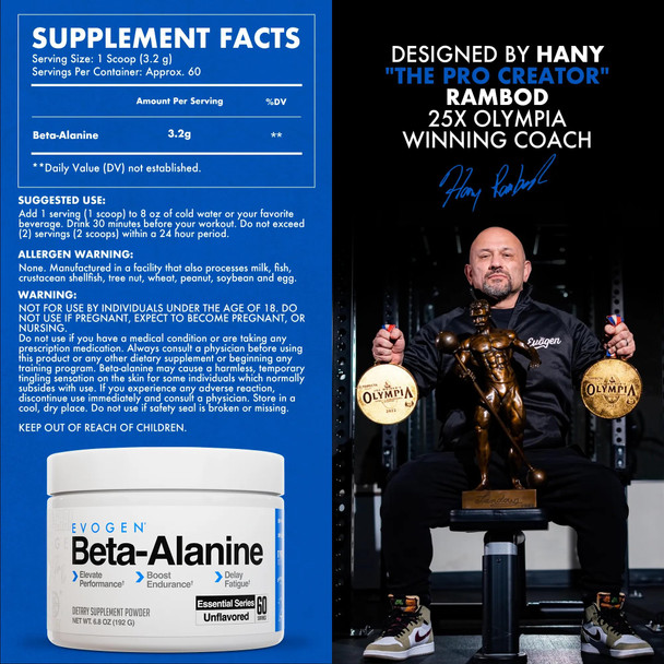 Evogen Beta-Alanine - Performance Enhancer | Boost Endurance Delay Fatigue | Unflavored | 60 Servings