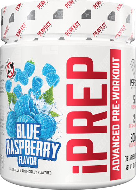 PERFECT SPORTS iPREP Advanced Pre Workout | 5g Creatine 2g Beta Alanine 300mg Electrolytes 320mg Caffeine | Sugar Dye & Gluten Free | 30 Servings (Blue Raspberry)