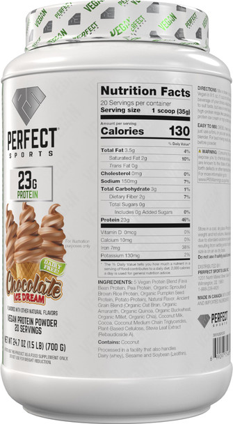PERFECT SPORTS Vegan Diesel 100% Plant Based Protein | Whole Food Blend | No Artificial Sweeteners Lactose Free Keto | 23g Protein | 1.5 Pounds (Chocolate Ice Dream)