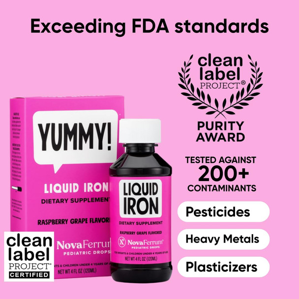 NovaFerrum Yummy | Pediatric Drops Liquid Iron Supplement for Infants and Toddlers | Liquid Iron for Kids | 15mg of Iron Per 1mL Dose | Ages 4 & Under | Gluten Free Certified | Sugar-Free | Raspberry