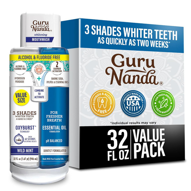 GuruNanda Teeth Whitening Dual Barrel Oxyburst Mouthwash - Alcohol & Fluoride Free, Hydrogen Peroxide to Promote Whiter Teeth - Wild Mint - 32 Fl Oz