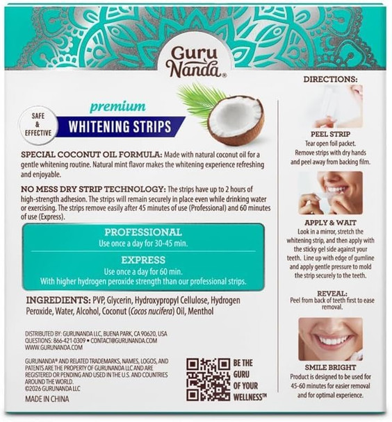 GuruNanda Teeth Whitening Strips - 30-Day Treatment with Non-Slip, Dry Strip Technology - Whitening Designed with Care for a Brighter Smile