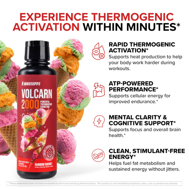 Volcarn 2000 - L-CARNITINE Pre-Workout & Fat Burner - Boost Energy Burn Fat & Enhance Focus - Advanced Energy L-Carnitine Liquid ATP Enhancer with GBEEC - 32 Servings (Rainbow Sherbet)