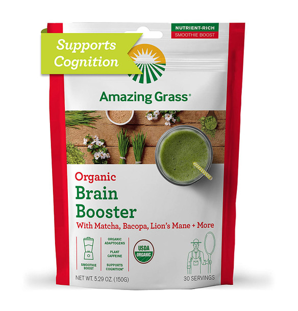 Amazing Grass Brain Booster: Greens Powder with Lions Mane, Matcha, Bacopa & Plant Based Caffeine, Smoothie Booster, Nootropics Support, 30 Servings