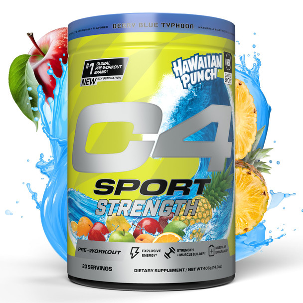 Cellucor C4 Sport Strength Pre Workout Powder - NSF Certified for Sport - Beta-Alanine Creatine 200mg Caffeine - Sugar Free Energy Supplement for Men & Women - Hawaiian Punch Berry Blue 20 Servings