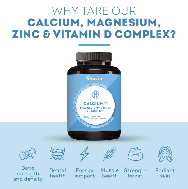 Calcium with Magnesium Zinc & Vitamin D - 90 Tablets for 3 Months - Bone Muscle & Immune Support - Energy & Metabolism Boost - Gluten & Lactose Free - High Strength Supplement - Vitavea