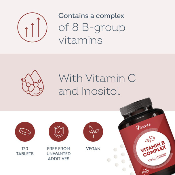 Vitamin B Complex with Vitamin C High Strength – All 8 B Vitamins (B1 B2 B3 B5 B6 B7 B9 B12) – 1 Tablet a Day – 120 Tablets – Energy & Nervous System Support – Vitavea
