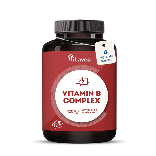 Vitamin B Complex with Vitamin C High Strength – All 8 B Vitamins (B1 B2 B3 B5 B6 B7 B9 B12) – 1 Tablet a Day – 120 Tablets – Energy & Nervous System Support – Vitavea