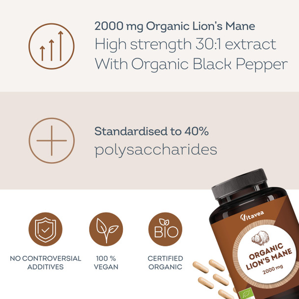 Vitavea  Lions Mane Supplement 2000mg with Black Pepper 180 Vegan Capsules Organic Lion’s Mane Mushroom 30:1 Extract 40% Polysaccharides and Beta Glucans  Focus Memory  and Mental Clarity