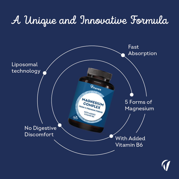 Magnesium Complex 400mg - 5 Forms of Magnesium (Bisglycinate Citrate Oxide Carbonate Liposomal) + Vitamin B6 - High Absorption - Energy Muscles Fatigue Nervous System - 180 Capsules vitavea