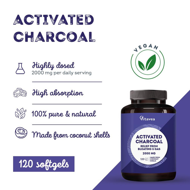 Activated Charcoal Capsules for Bloating & Gas Relief 2000mg - 120 Vegan Capsules - Digestive Support Supplement - Natural Coconut Charcoal - Detox & Flat Stomach - Gluten & Lactose Free - Vitavea