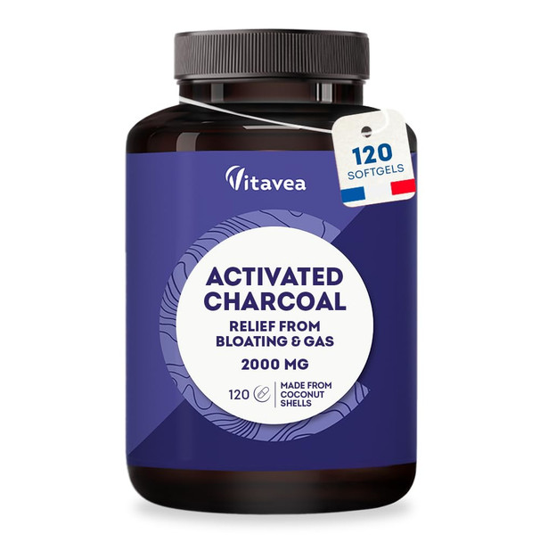 Activated Charcoal Capsules for Bloating & Gas Relief 2000mg - 120 Vegan Capsules - Digestive Support Supplement - Natural Coconut Charcoal - Detox & Flat Stomach - Gluten & Lactose Free - Vitavea