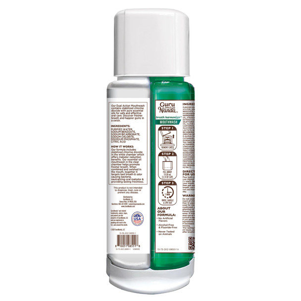 GuruNanda Dual Barrel Breath Harmonizer Mouthwash - Freshens Breath - Alcohol & Fluoride Free with Sodium Chlorite & Essential Oils - Wild Mint Flavor, 20 Fl Oz