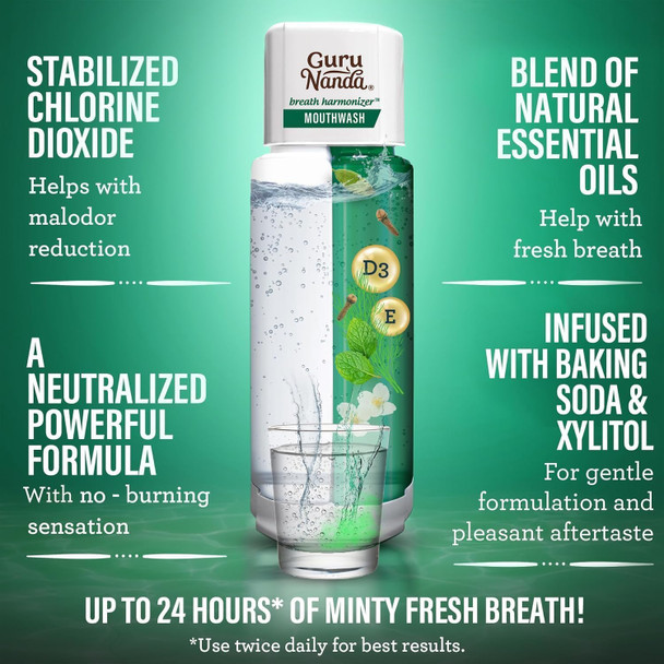 GuruNanda Dual Barrel Breath Harmonizer Mouthwash - Freshens Breath - Alcohol & Fluoride Free with Sodium Chlorite & Essential Oils - Wild Mint Flavor, 32 Fl Oz