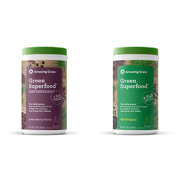 Amazing Grass Green Superfood Antioxidant: Organic Plant Based Antioxidant and Wheat Grass Powder for Full Body Recovery,60 Servings & Green Superfood: Super Greens Powder with Spirulina, 60 Servings