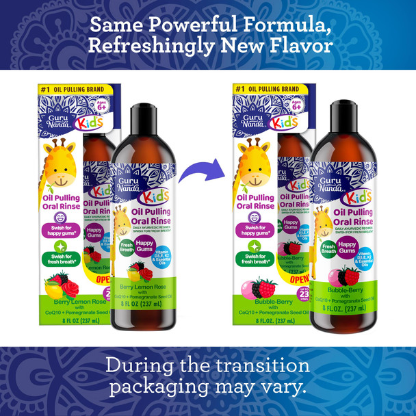 GuruNanda Kids Oil Pulling, Alcohol-Free Mouthwash, Essential Oils & Vitamins for Fresh Breath & Happy Gums for Ages 6 & up, Natural Bubble Berry, 8 Oz