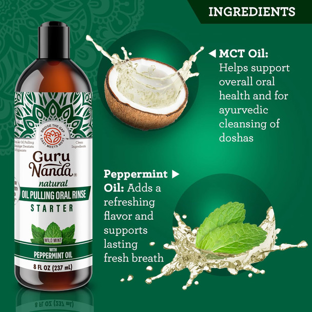 GuruNanda Starter Pulling Oil Mouthwash for Natural Teeth Whitening, Coconut and Peppermint Oil for Fresh Breath & Happy Gums, with Toothbrush & Tongue Scraper, Alcohol-Free, 8 Oz