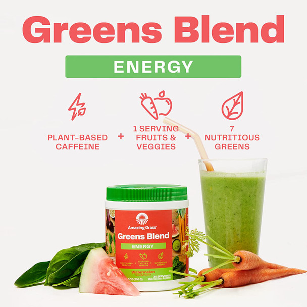 Amazing Grass Greens Blend Energy: Super Greens Powder & Plant Based Caffeine with Matcha Green Tea & Beet Root Powder, Watermelon, 30 Servings (Packaging May Vary)