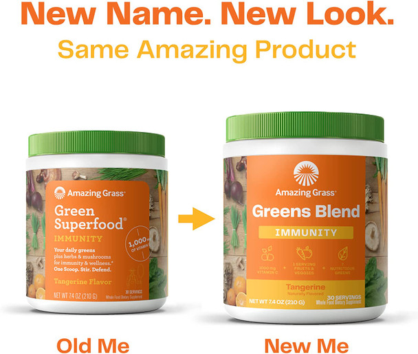 Amazing Grass Greens Blend Immunity: Super Greens Powder with Vitamin C, Cordyceps, Beet Root Powder & Reishi Mushrooms, Tangerine, 30 Servings (Packaging May Vary)