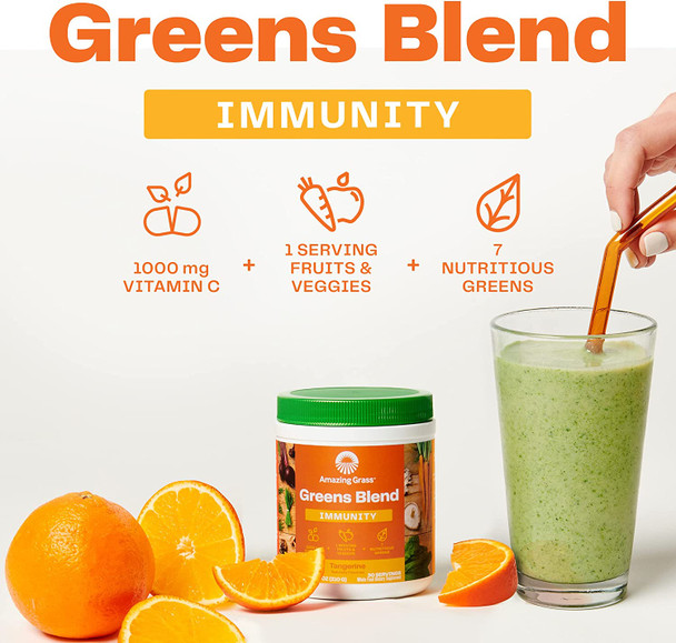 Amazing Grass Greens Blend Immunity: Super Greens Powder with Vitamin C, Cordyceps, Beet Root Powder & Reishi Mushrooms, Tangerine, 30 Servings (Packaging May Vary)