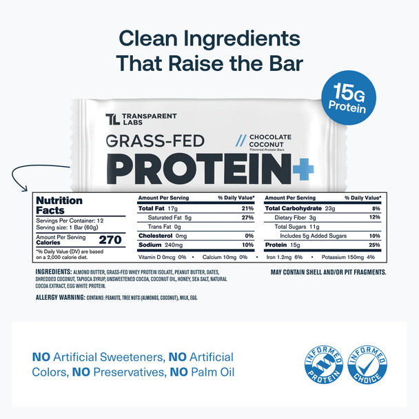 Transparent Labs Grass-Fed Protein+ Bars - Chocolate Coconut- Box Of 12