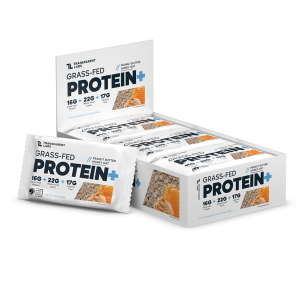 Transparent Labs Grass-Fed Protein+ Bars - Peanut Butter Honey Oat - Box Of 12