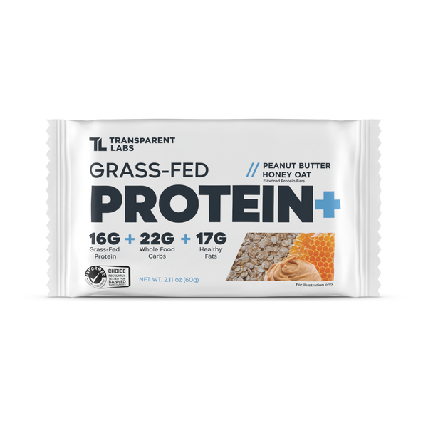 Transparent Labs Grass-Fed Protein+ Bars - Peanut Butter Honey Oat - Box Of 12