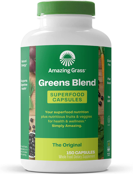 Amazing Grass Greens Blend Superfood Capsules: Super Greens with Spirulina, Chlorella, Beet Root Powder, Digestive Enzymes & Probiotics, 150 Capsules (Packaging May Vary)