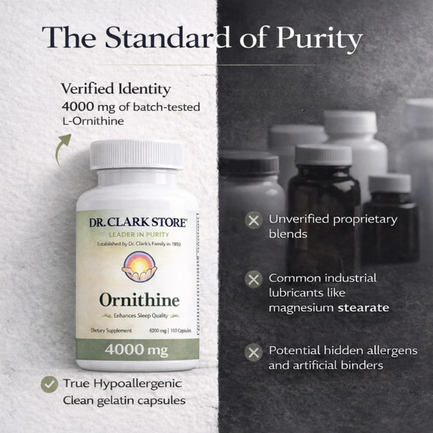 Dr Clark Ornithine Dietary Supplement - Gluten Free, Natural Sleep Aid, Promotes Protein Metabolism, Cleansing and Detoxification, 500mg, 100 Gelatin Capsules