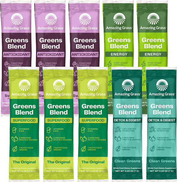 Amazing Grass Greens Blend Variety Pack (10 Single Serve packets): Greens Blend Powder with Spirulina, Chlorella, Beet Root Powder, Digestive Enzymes & Probiotics