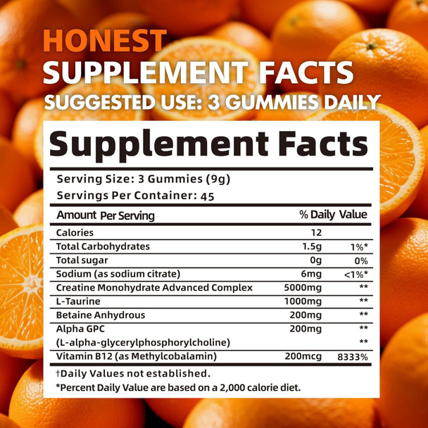 BEAST BITES Nutrition Creatine Monohydrate Gummies for Men & Women - 5g of Creatine Monohydrate per Serving - Sugar Free,Vegan, Orange Flavor, 135 Count (45 Servings).