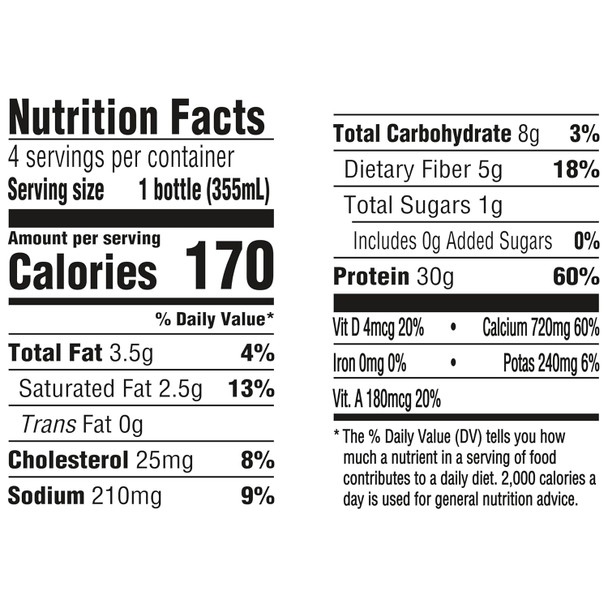 Oikos Protein Shake, Vanilla, 30g High Protein Drinks, Shelf Stable, Ready to Drink, 5g Prebiotic Fiber, 12 fl oz Bottle, 4 Count​
