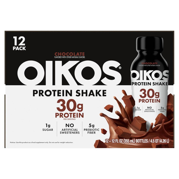 Oikos Protein Shake, Chocolate, 30g High Protein Drinks, Shelf Stable, Ready to Drink, 5g Prebiotic Fiber, 12 fl oz Bottle, 12 Count​