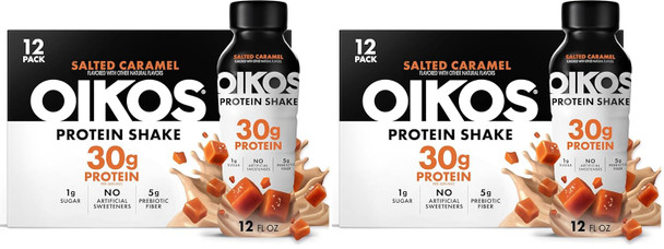 Oikos Protein Shake, Salted Caramel, 30g High Protein Drinks, Shelf Stable, Ready to Drink, 5g Prebiotic Fiber, 12 fl oz Bottle,(Pack of 24)