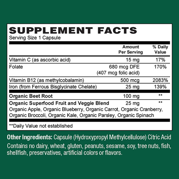 PlantFusion Vegan Iron Supplement for Women & Men - Gentle Plant-Based Iron with Vitamin C Methyl B12 Folate - Non-Constipating Wholefood Iron Pills for Energy Anemia & Blood Support 60 Capsules