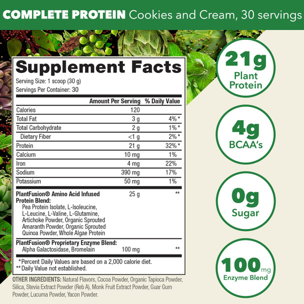 PlantFusion Complete Vegan Protein Powder - Plant Based Protein Powder with BCAAs Digestive Enzymes and Pea Protein - Keto Gluten Free Soy Free Non-Dairy No Sugar Non-GMO - Cookies & Cream 2 lb