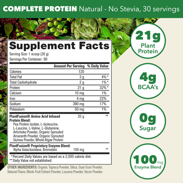 PlantFusion Complete Vegan Protein Powder - Plant Based Protein Powder With BCAAs Digestive Enzymes and Pea Protein - Keto Gluten Free Non-Dairy No Sugar Non-GMO - Natural-No Stevia 1.85 lb