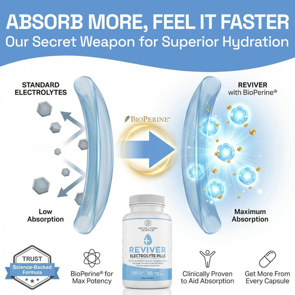 REVIVER Superior Absorption Electrolyte Pills - Salt Tablets for Runners & Fasting Electrolytes Supplement, Sugar-Free Salt Pills for Hydration, Cramp Defense, Keto Support 120, Electrolyte Capsules