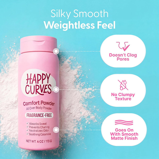 HAPPY CURVES Comfort Powder: Talc Free Anti Chafe Body & Foot Dusting Powder Deodorant to Control Inner Thigh Chafing, Private Areas, and All Over Body for Women (4 Ounce (Pack of 1), Fragrance-Free)