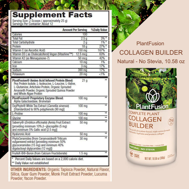 PlantFusion Vegan Collagen Powder - Plant Based Collagen Protein Powder For Muscle & Joints Hair Skin & Nails - Keto Gluten Free Soy Free Non-Dairy No Sugar Non-GMO - Unflavored 10.58 oz