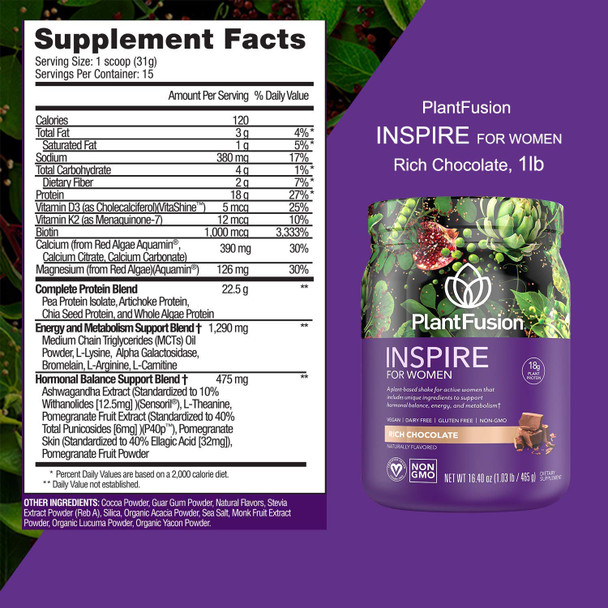 PlantFusion Inspire Plant Protein Powder for Women - Low Carb Protein Powder for Lean Muscle Support - Keto Gluten Free Soy Free Non-Dairy No Sugar Non-GMO - Rich Chocolate 1 lb