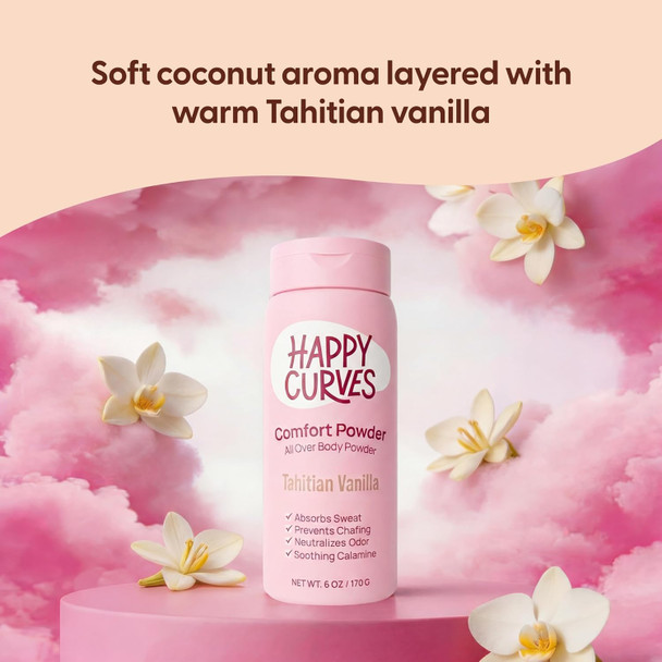 HAPPY CURVES Comfort Powder: Talc Free Anti Chafe Body & Foot Dusting Powder Deodorant to Control Inner Thigh Chafing, and Private Areas 6oz (Pack of 1) - Tahitian Vanilla