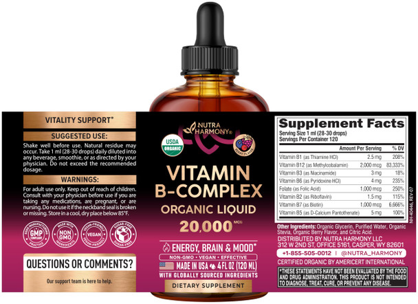 NUTRAHARMONY USDA Organic Vitamin B-Complex B5 Pantothenic Acid | B12 Methylcobalamin | B1 Thiamine | B6 Pyridoxine | B7 Biotin | B9 Folic | B3 Niacinamide - B Complex Liquid Drops, Made in USA Supplement, 4fl oz